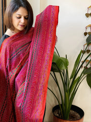Orange, Pink Handmade Kantha Dupatta in Silk - Masakalee