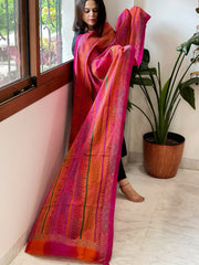 Orange, Pink Handmade Kantha Dupatta in Silk - Masakalee