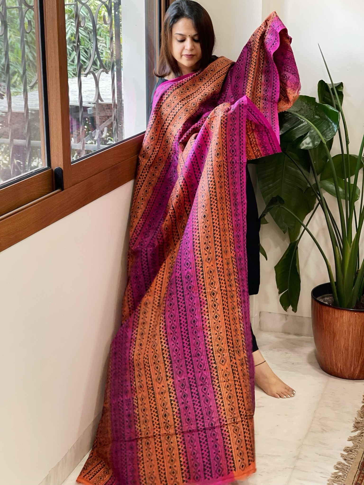 Orange, Pink Handmade Kantha Dupatta in Silk - Masakalee