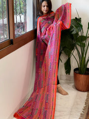 Orange, Pink Handmade Kantha Dupatta in Silk - Masakalee