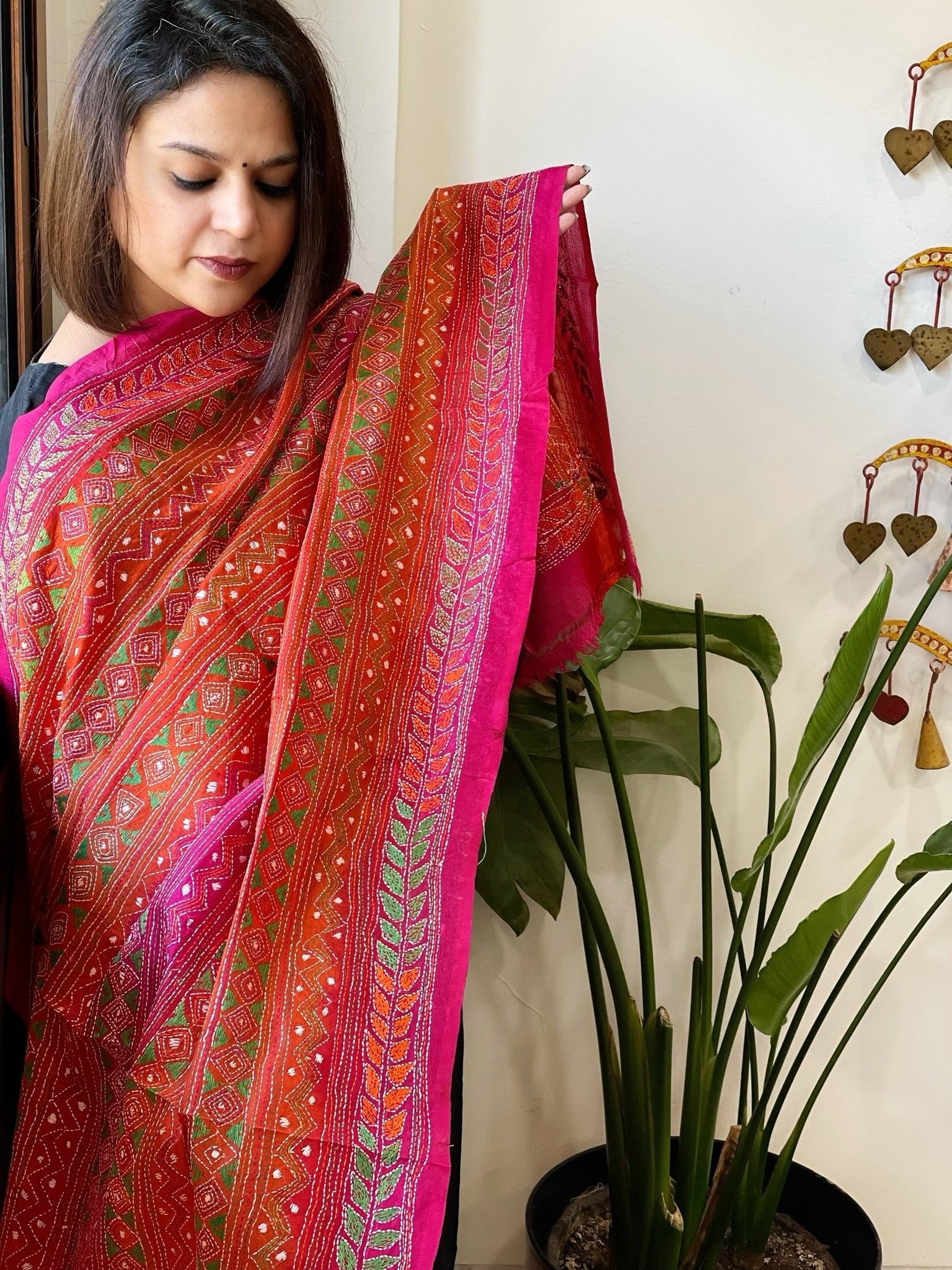 Orange, Pink Handmade Kantha Dupatta in Silk - Masakalee