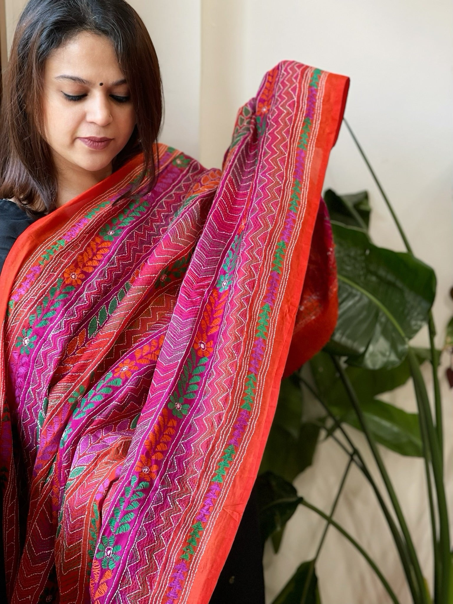 Orange, Pink Handmade Kantha Dupatta in Silk - Masakalee