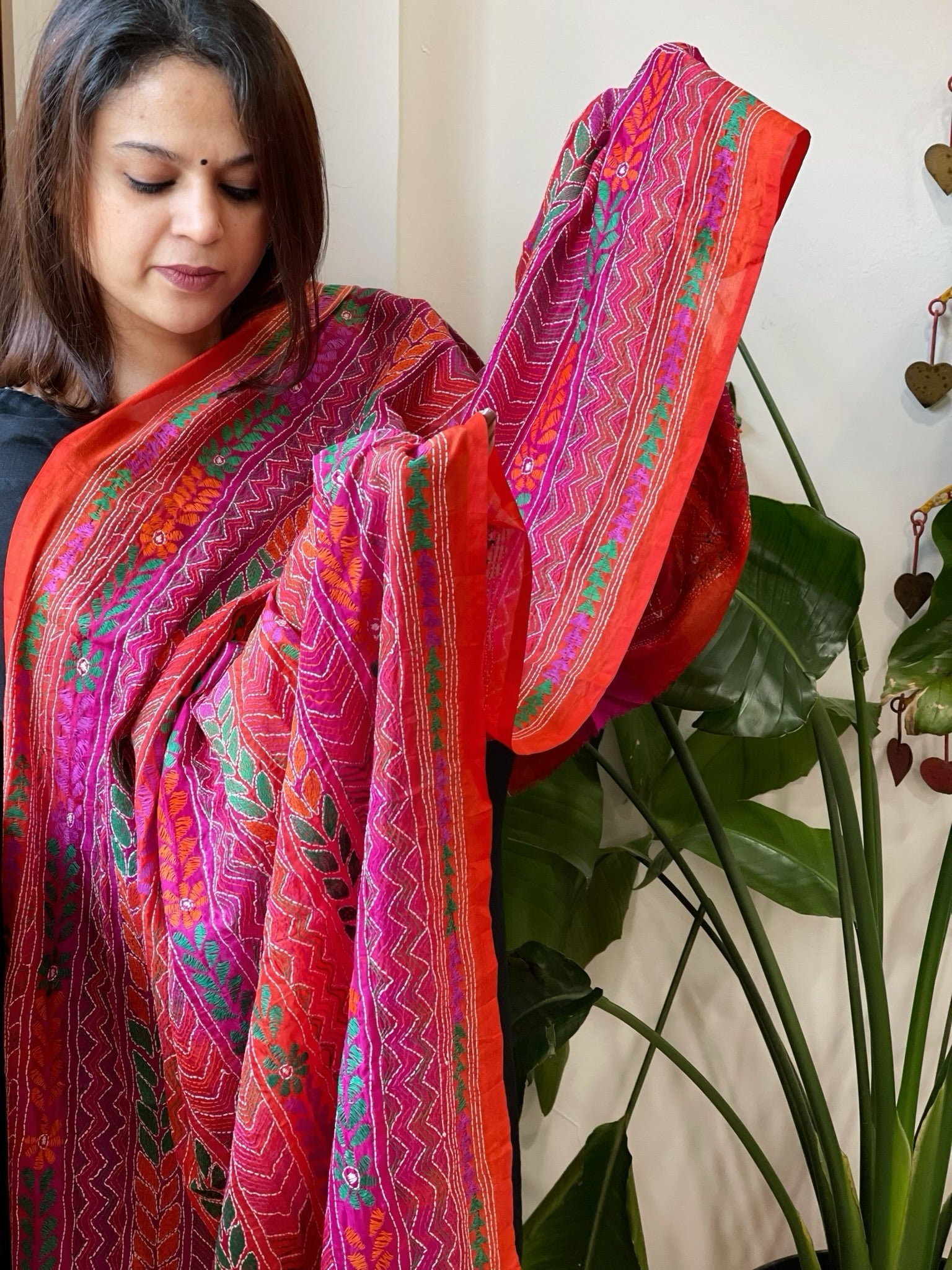 Orange, Pink Handmade Kantha Dupatta in Silk - Masakalee
