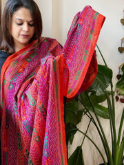 Orange, Pink Handmade Kantha Dupatta in Silk - Masakalee