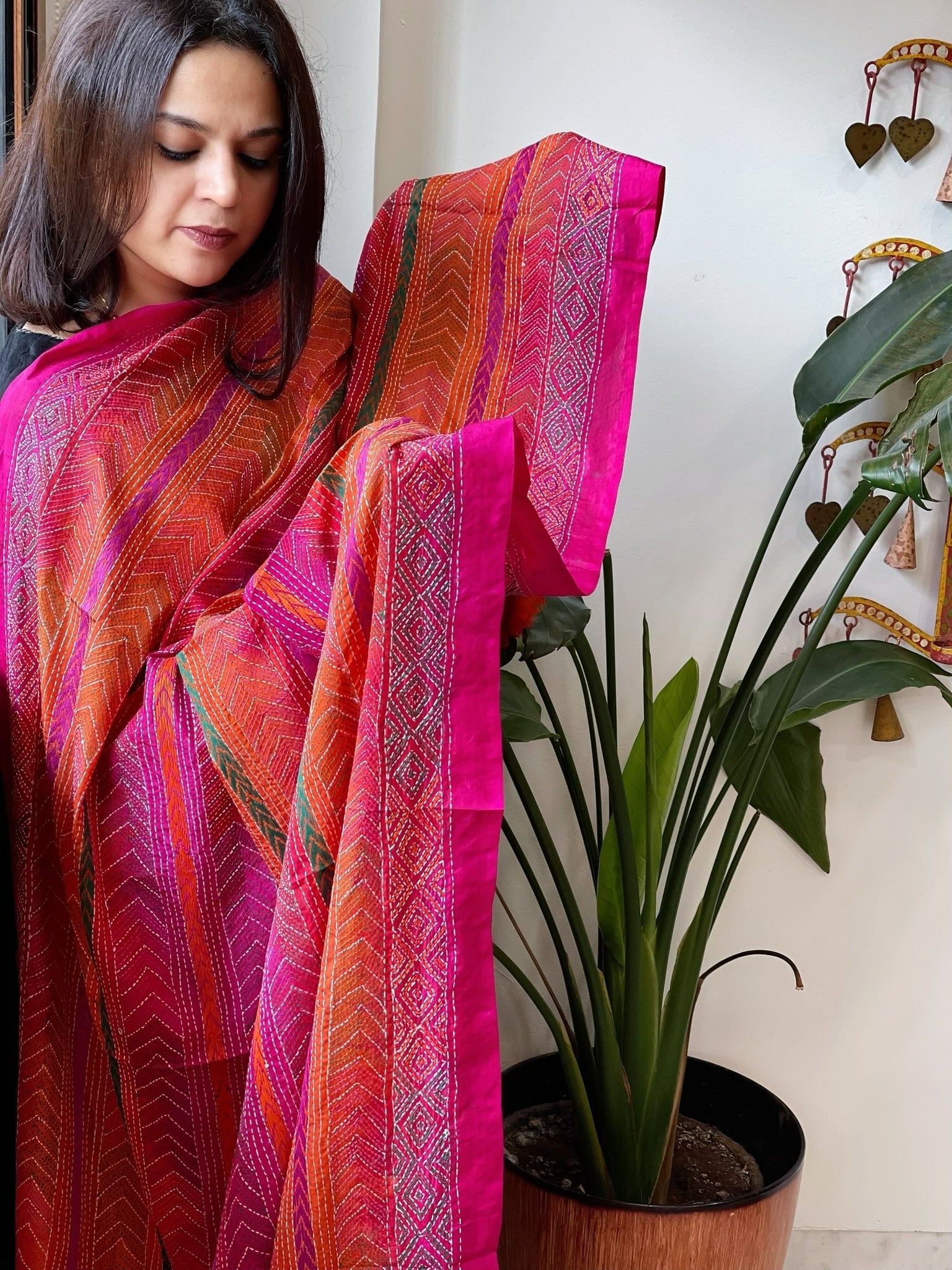 Orange, Pink Handmade Kantha Dupatta in Silk - Masakalee