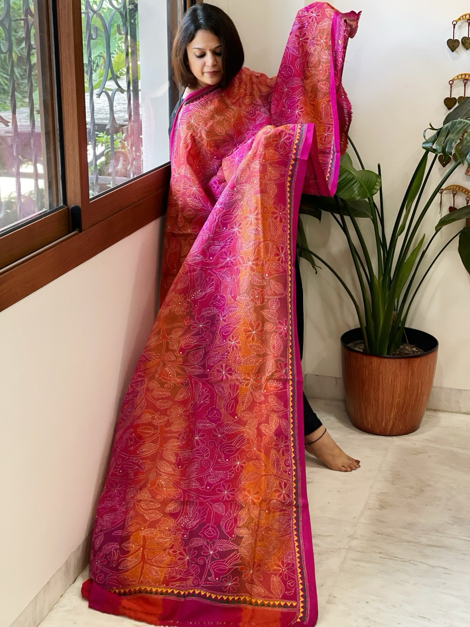 Orange, Pink Handmade Reverse Nakshi Kantha Dupatta in Silk - Masakalee