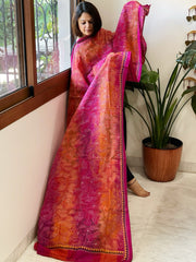 Orange, Pink Handmade Reverse Nakshi Kantha Dupatta in Silk - Masakalee