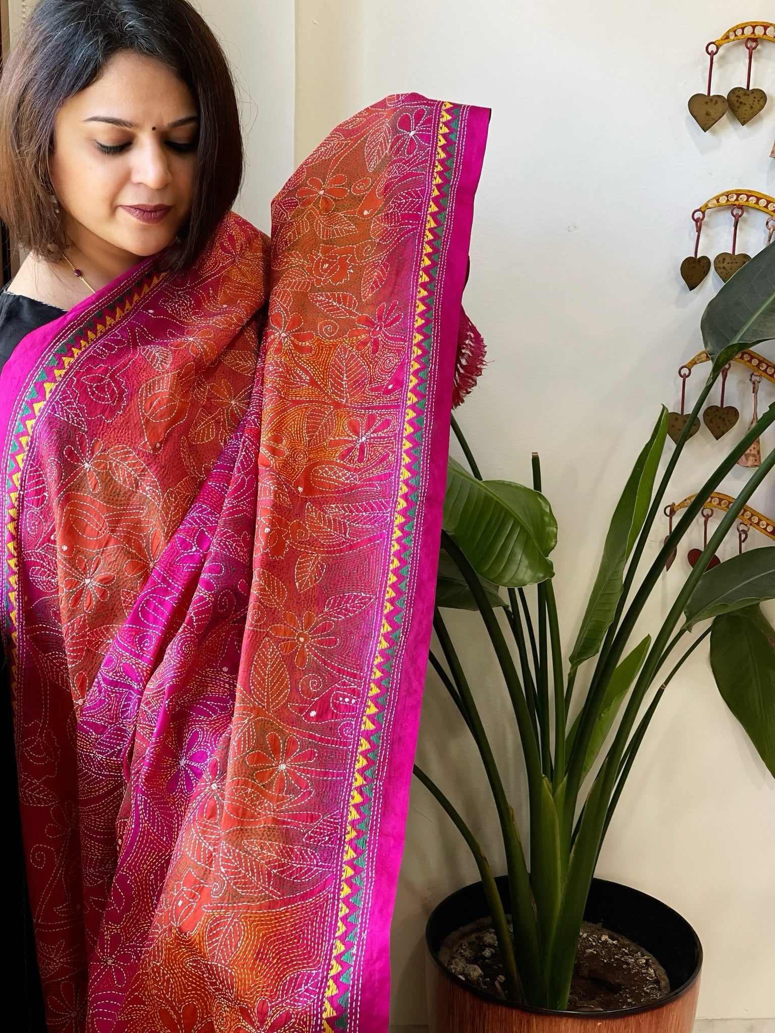 Orange, Pink Handmade Reverse Nakshi Kantha Dupatta in Silk - Masakalee