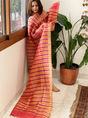 Orange, Pink Handwoven Chanderi Tissue Dupatta - Masakalee