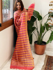Orange, Pink Handwoven Chanderi Tissue Dupatta - Masakalee