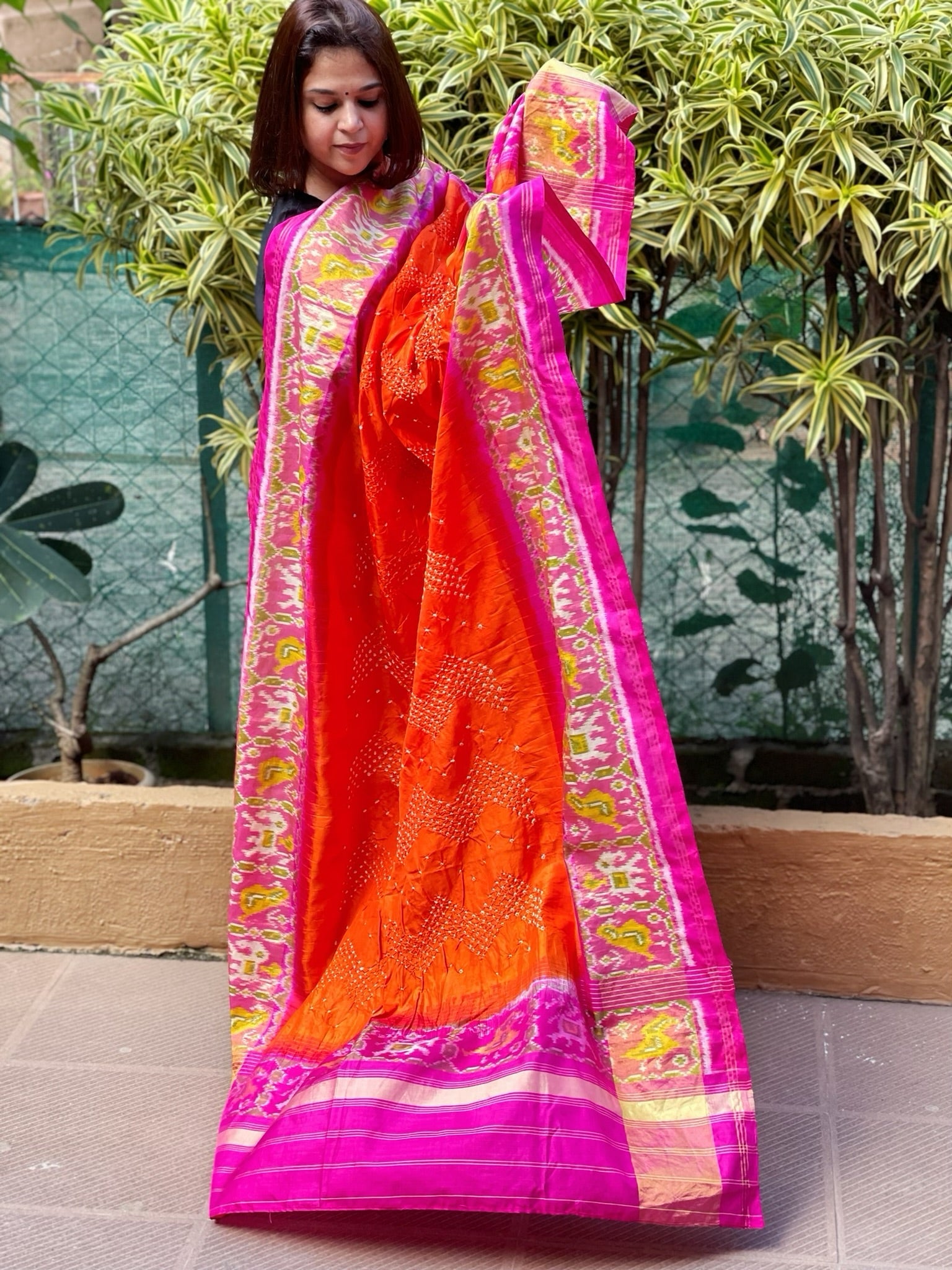 Orange, Pink Handwoven Patola with Rai Bandhej Dupatta in Pure Silk - Masakalee