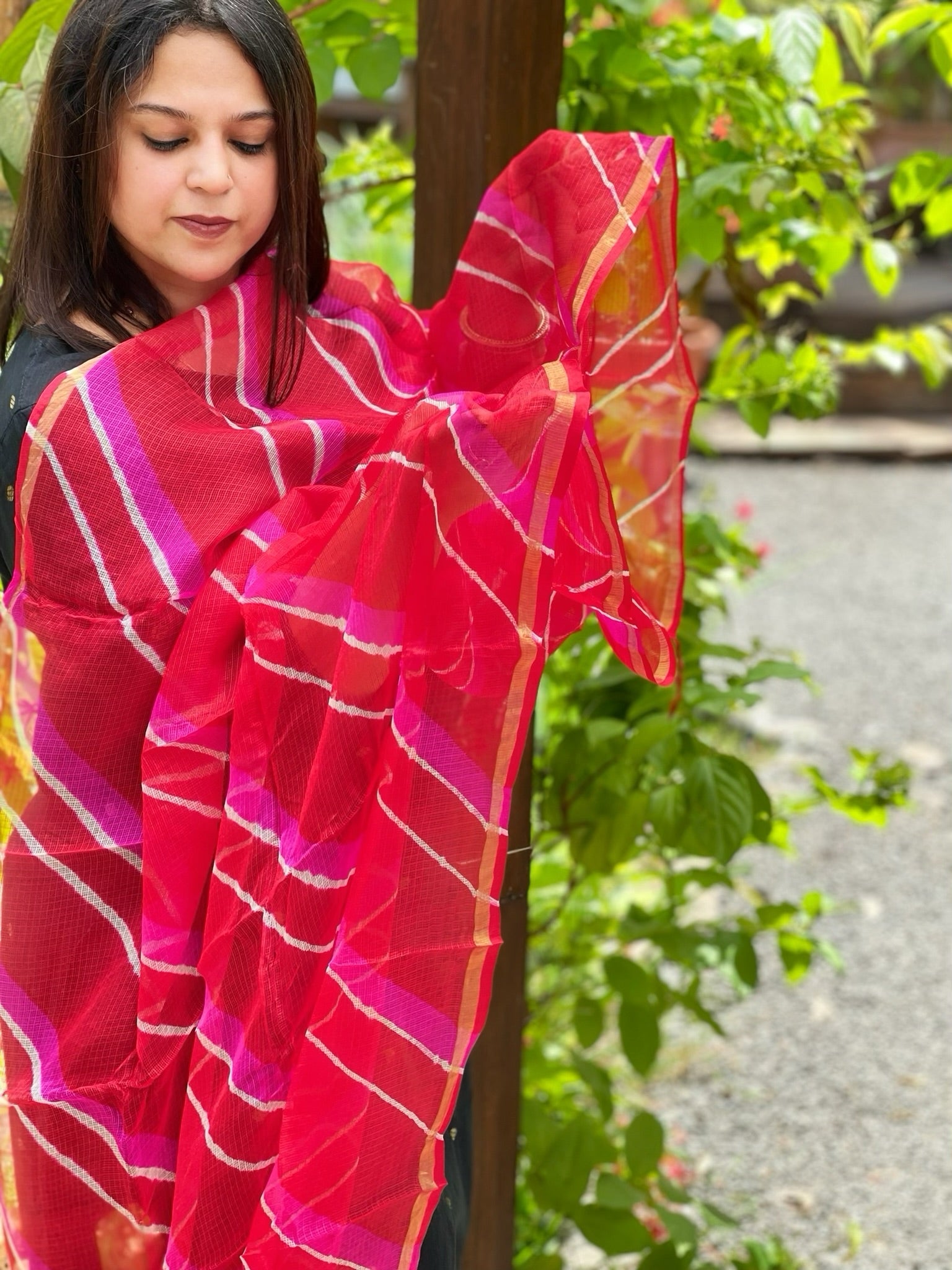 Orange, Pink Kota Silk Leheriya Dupatta - Masakalee