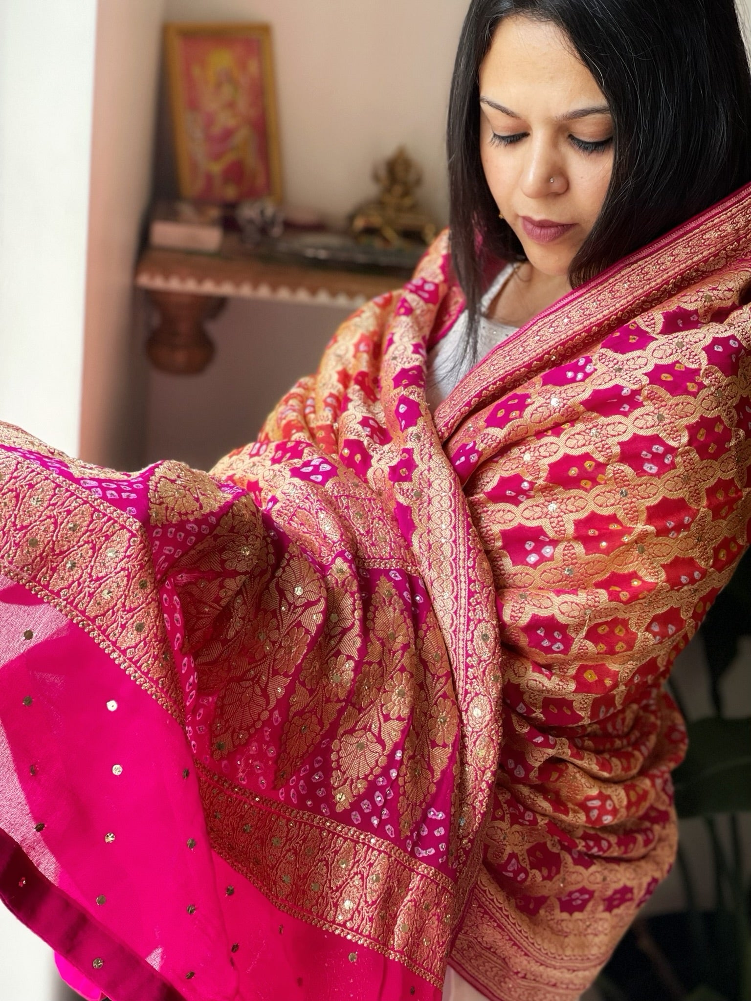 Orange, Pink Neemzari Bandhani Dupatta with Mukaish Handwork in Georgette - Masakalee