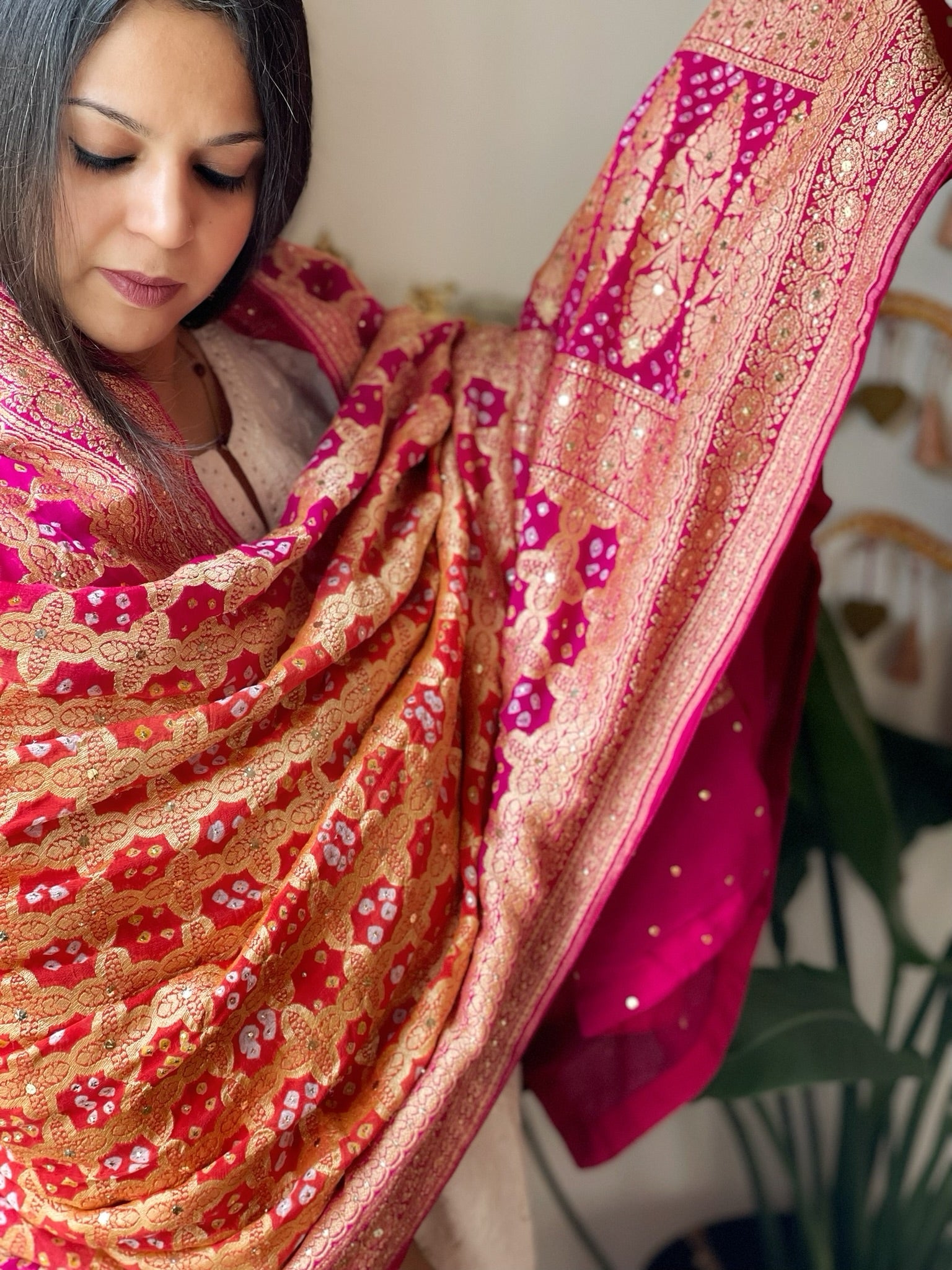 Orange, Pink Neemzari Bandhani Dupatta with Mukaish Handwork in Georgette - Masakalee