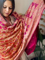 Orange, Pink Neemzari Bandhani Dupatta with Mukaish Handwork in Georgette - Masakalee