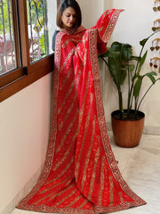 Orange Printed Bandhej Dupatta in Chinon with Gold Thread and Sequin Work - Masakalee