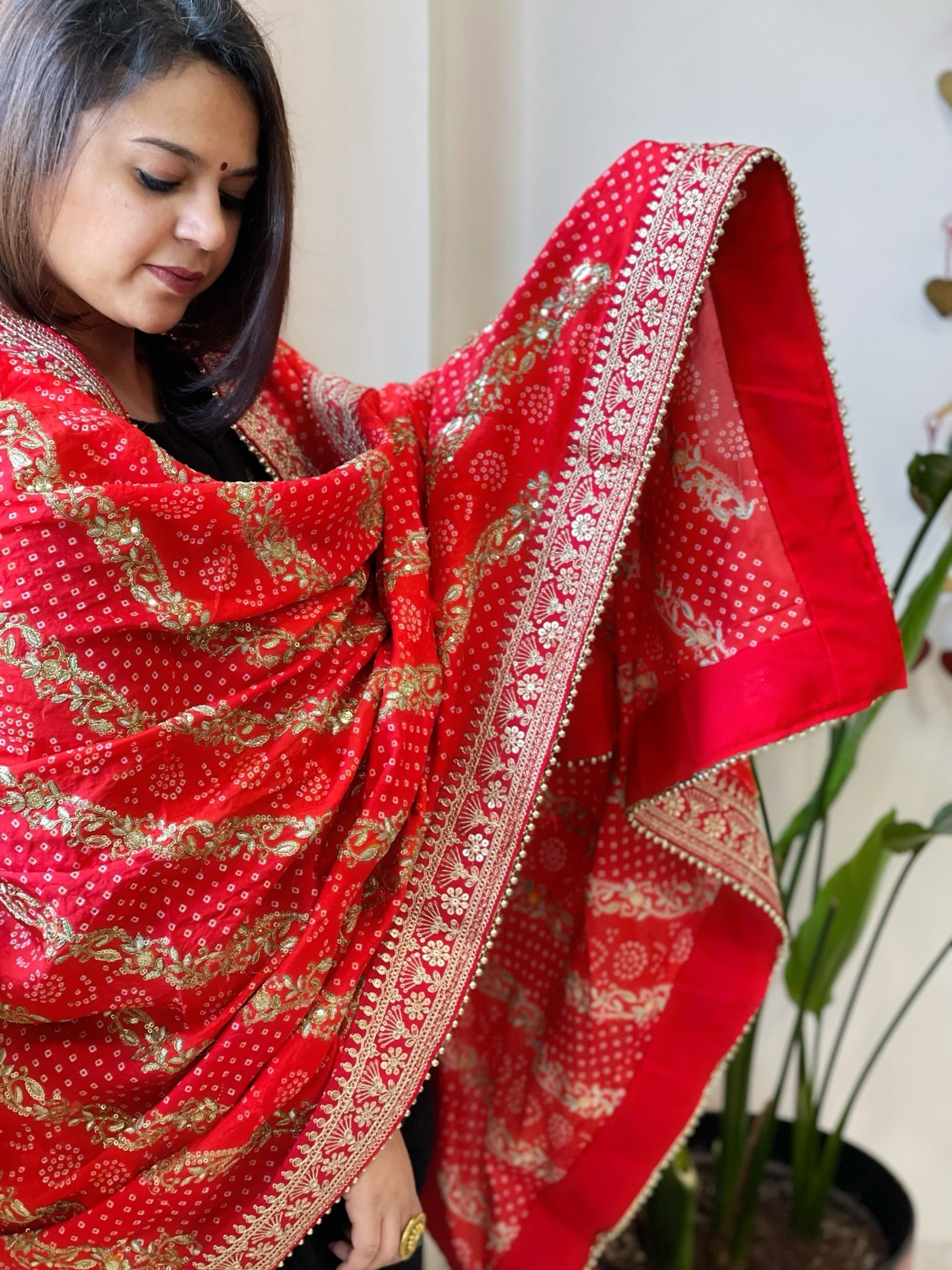 Orange Printed Bandhej Dupatta in Chinon with Gold Thread and Sequin Work - Masakalee