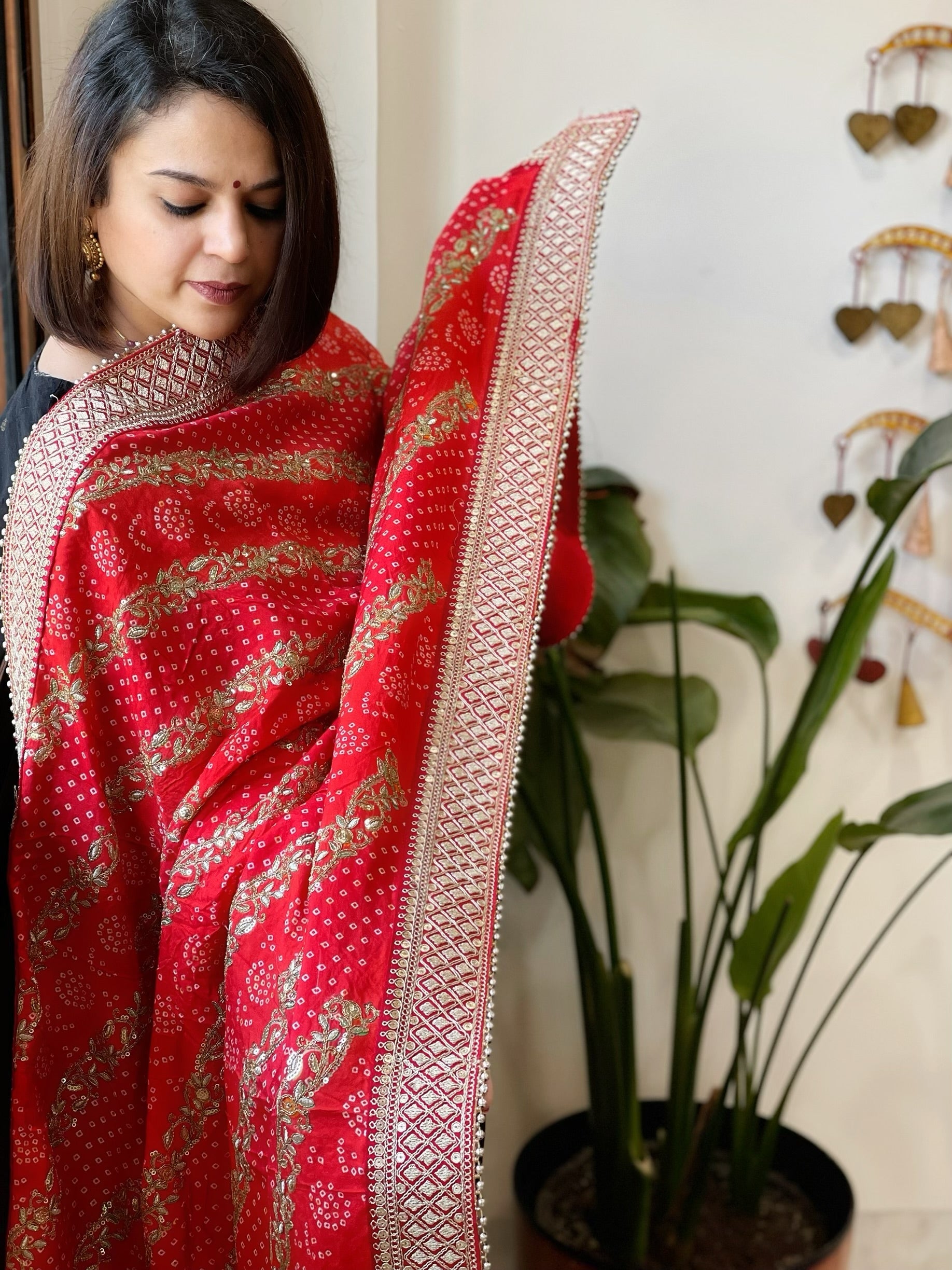 Orange Printed Bandhej Dupatta in Chinon with Gold Thread and Sequin Work - Masakalee