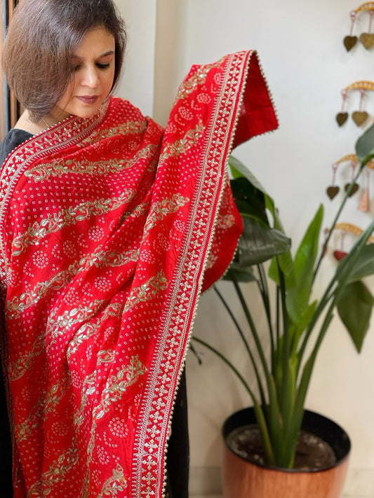 Orange Printed Bandhej Dupatta in Chinon with Gold Thread and Sequin Work - Masakalee