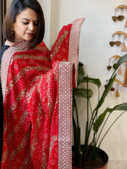 Orange Printed Bandhej Dupatta in Chinon with Gold Thread and Sequin Work - Masakalee