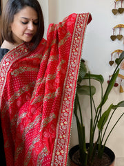 Orange Printed Bandhej Dupatta in Chinon with Gold Thread and Sequin Work - Masakalee