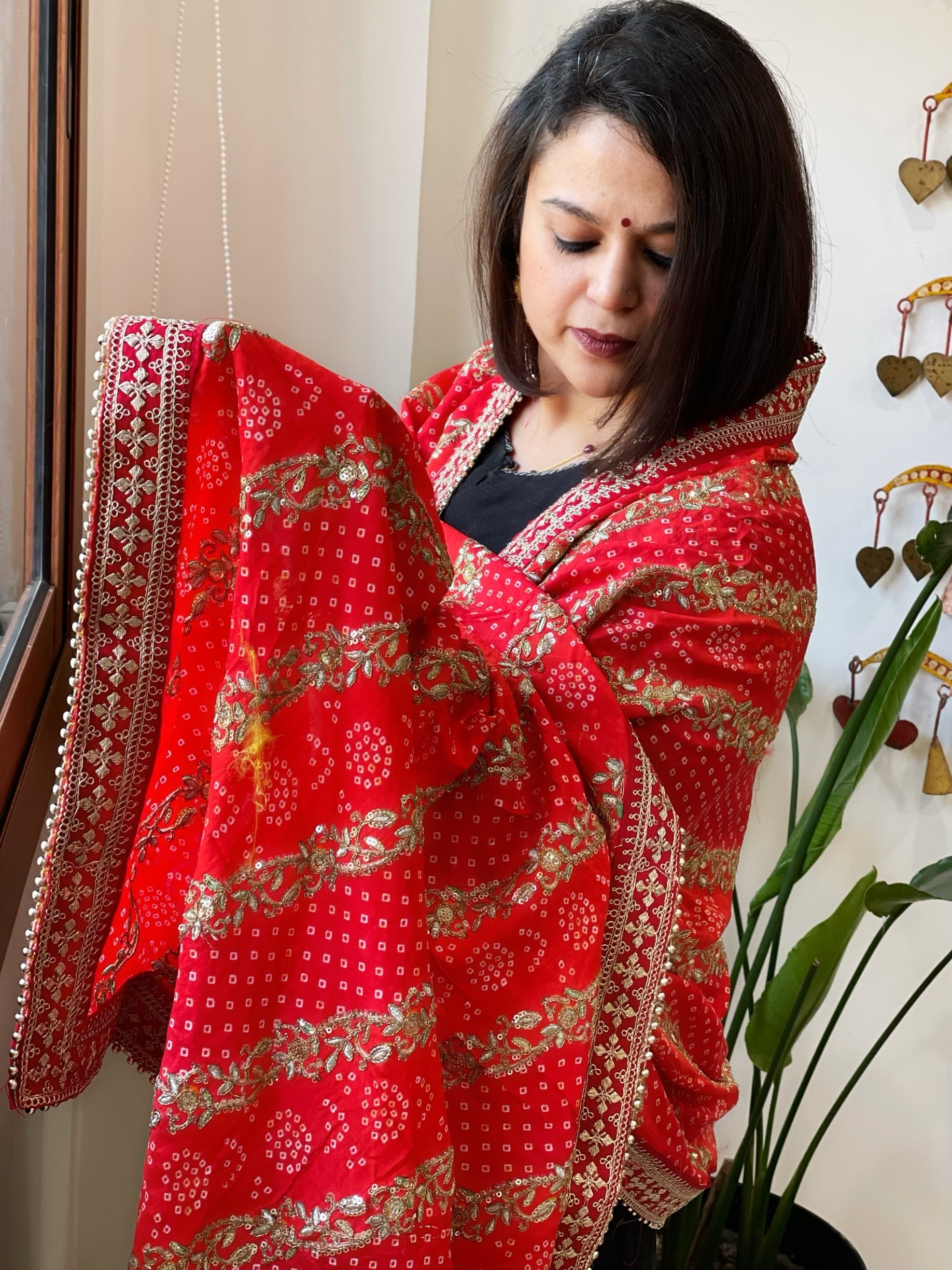 Orange Printed Bandhej Dupatta in Chinon with Gold Thread and Sequin Work - Masakalee