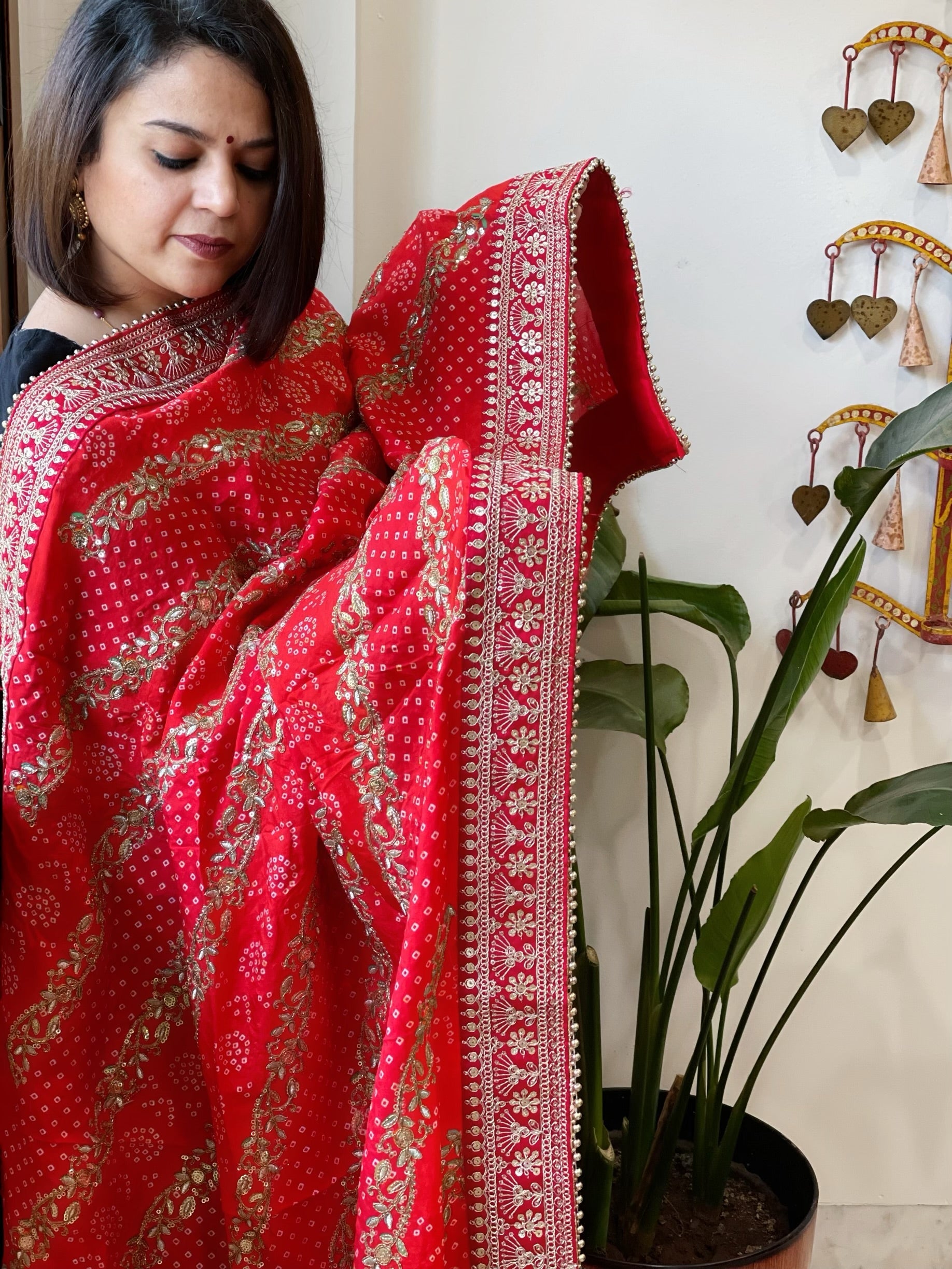 Orange Printed Bandhej Dupatta in Chinon with Gold Thread and Sequin Work - Masakalee