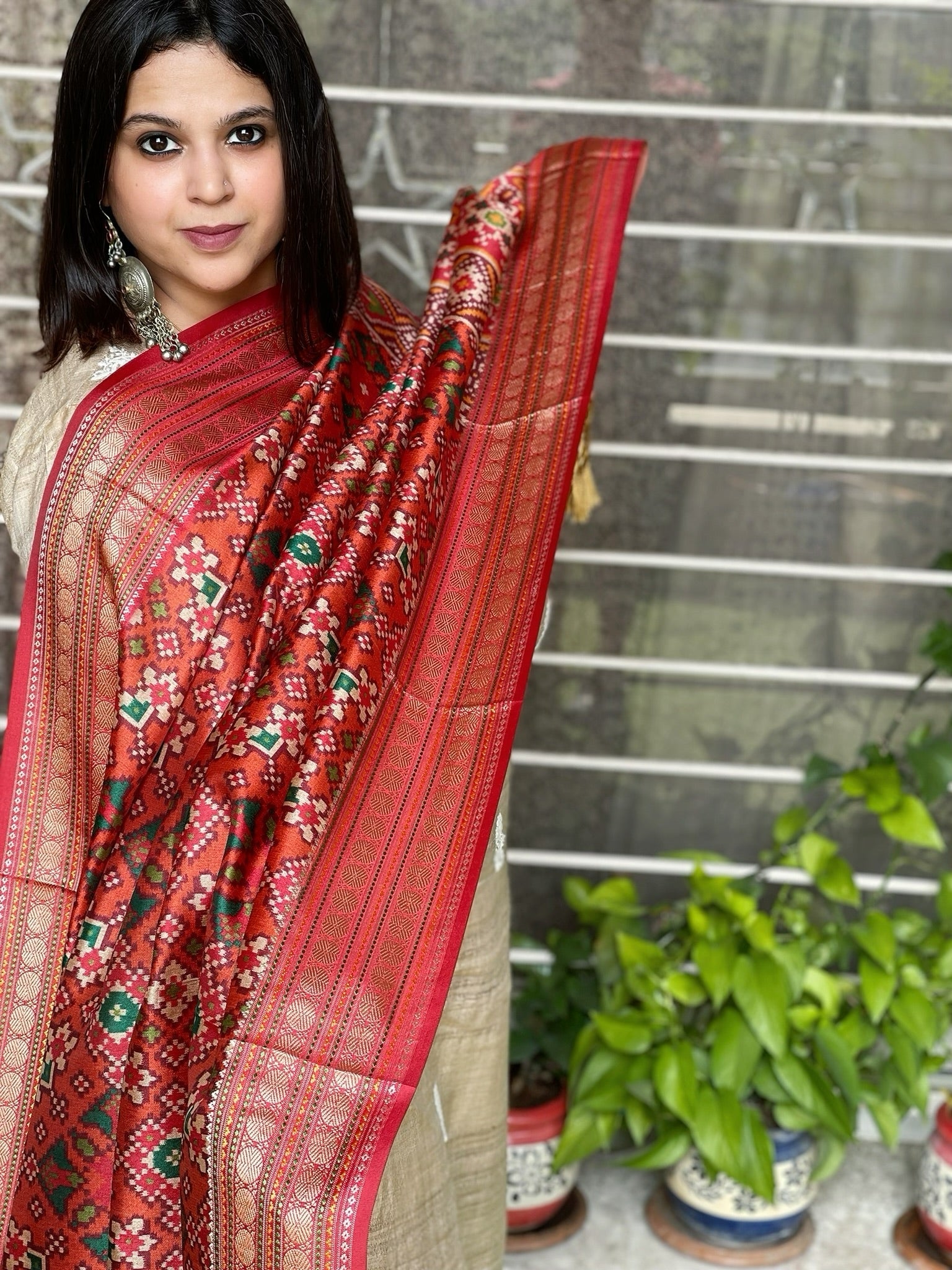Orange Printed Patola Dupatta in Fine Art Silk - Masakalee