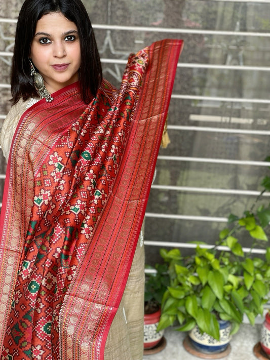 Orange Printed Patola Dupatta in Fine Art Silk - Masakalee