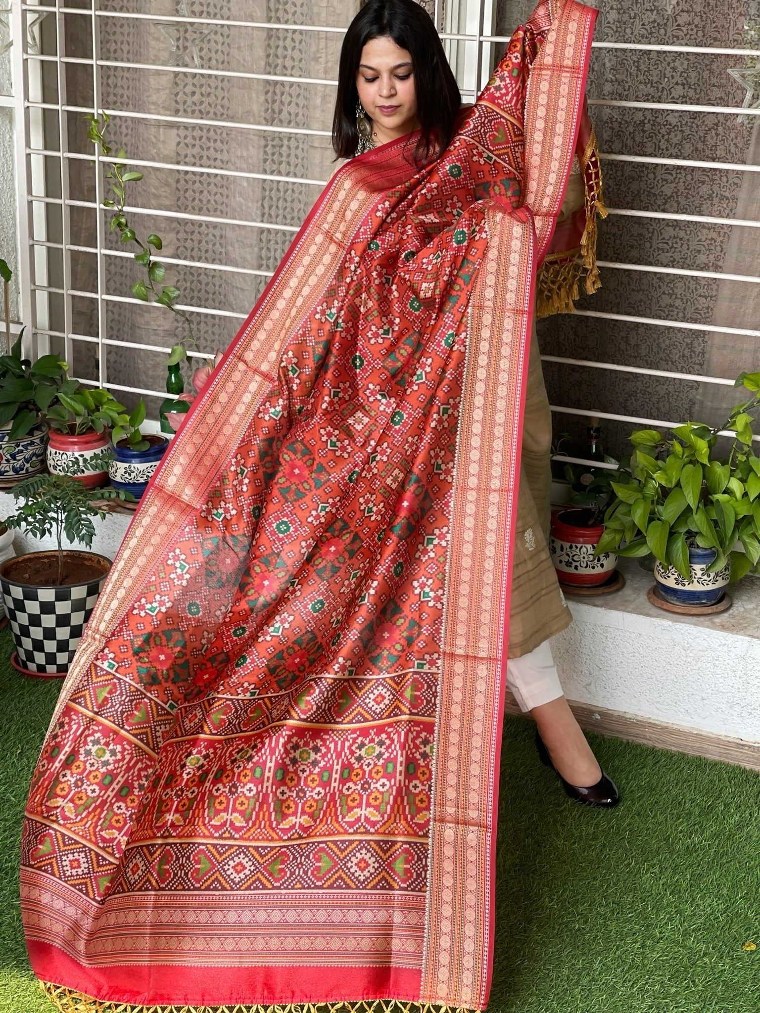 Orange Printed Patola Dupatta in Fine Art Silk - Masakalee
