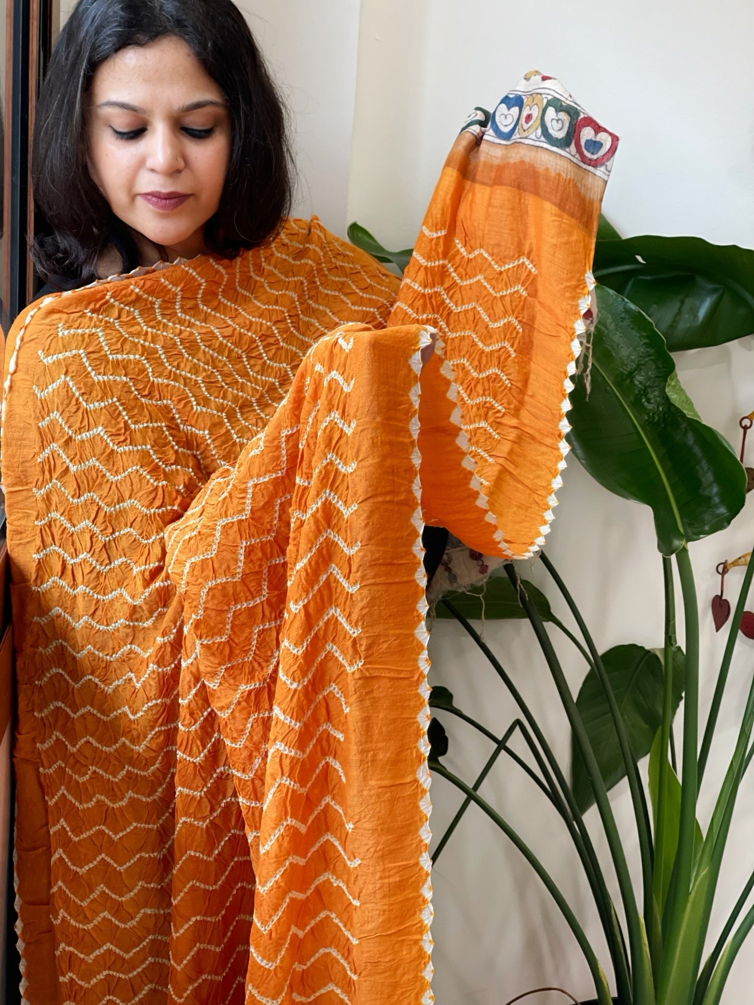 Orange Rai Bandhej Dupatta with Handpainted Kalamkari Pallu in Pure Muga Silk - Masakalee