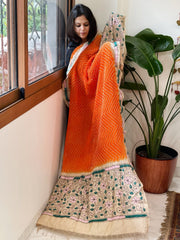 Orange Rai Bandhej Dupatta with Kantha Handwork in Pure Munga Tussar Silk - Masakalee
