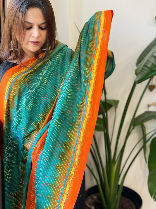 Orange, Rama Blue Handmade Kantha Dupatta in Silk - Masakalee