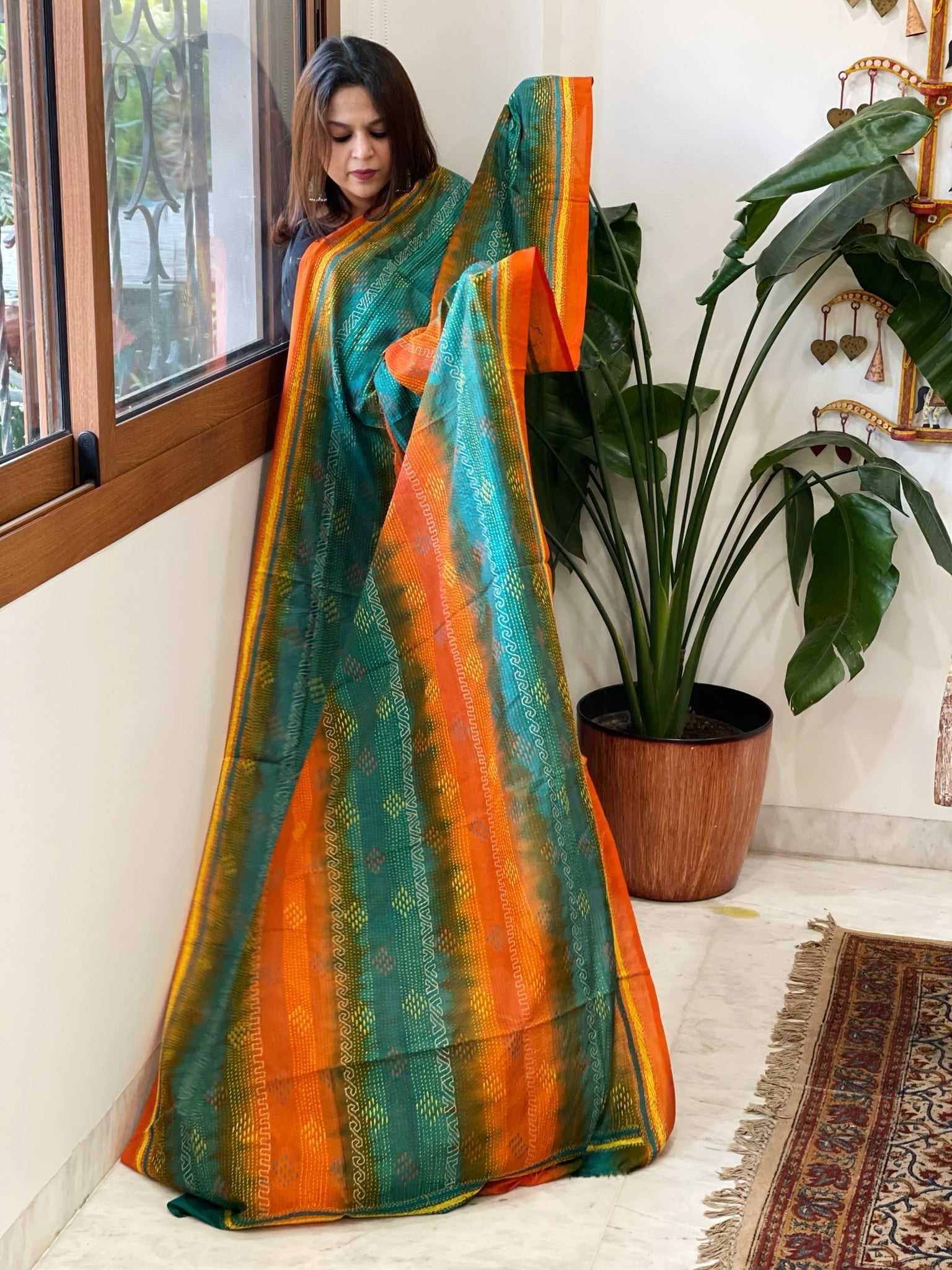 Orange, Rama Blue Handmade Kantha Dupatta in Silk - Masakalee