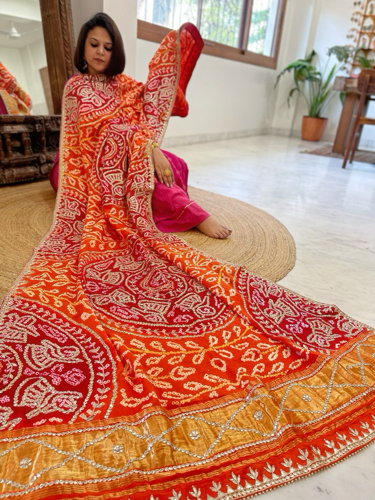 Orange, Red Bandhani Dupatta with Gotapatti Handwork in Pure Silk - Masakalee