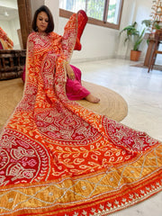 Orange, Red Bandhani Dupatta with Gotapatti Handwork in Pure Silk - Masakalee