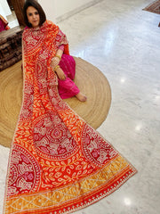 Orange, Red Bandhani Dupatta with Gotapatti Handwork in Pure Silk - Masakalee