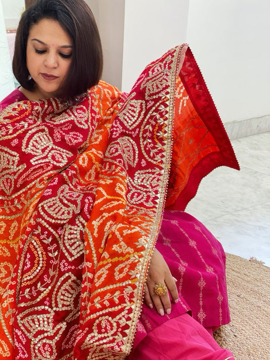 Orange, Red Bandhani Dupatta with Gotapatti Handwork in Pure Silk - Masakalee