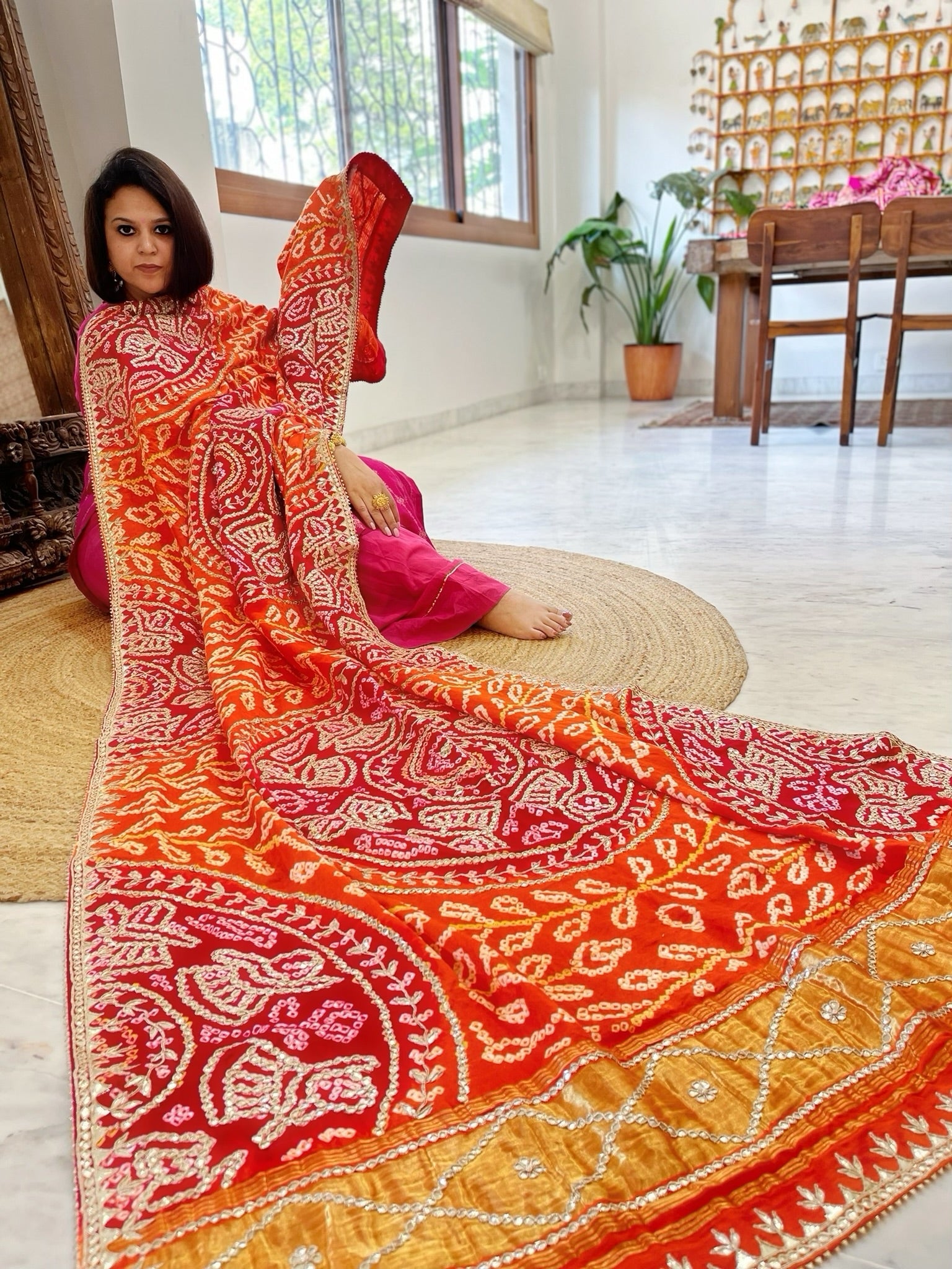 Orange, Red Bandhani Dupatta with Gotapatti Handwork in Pure Silk - Masakalee