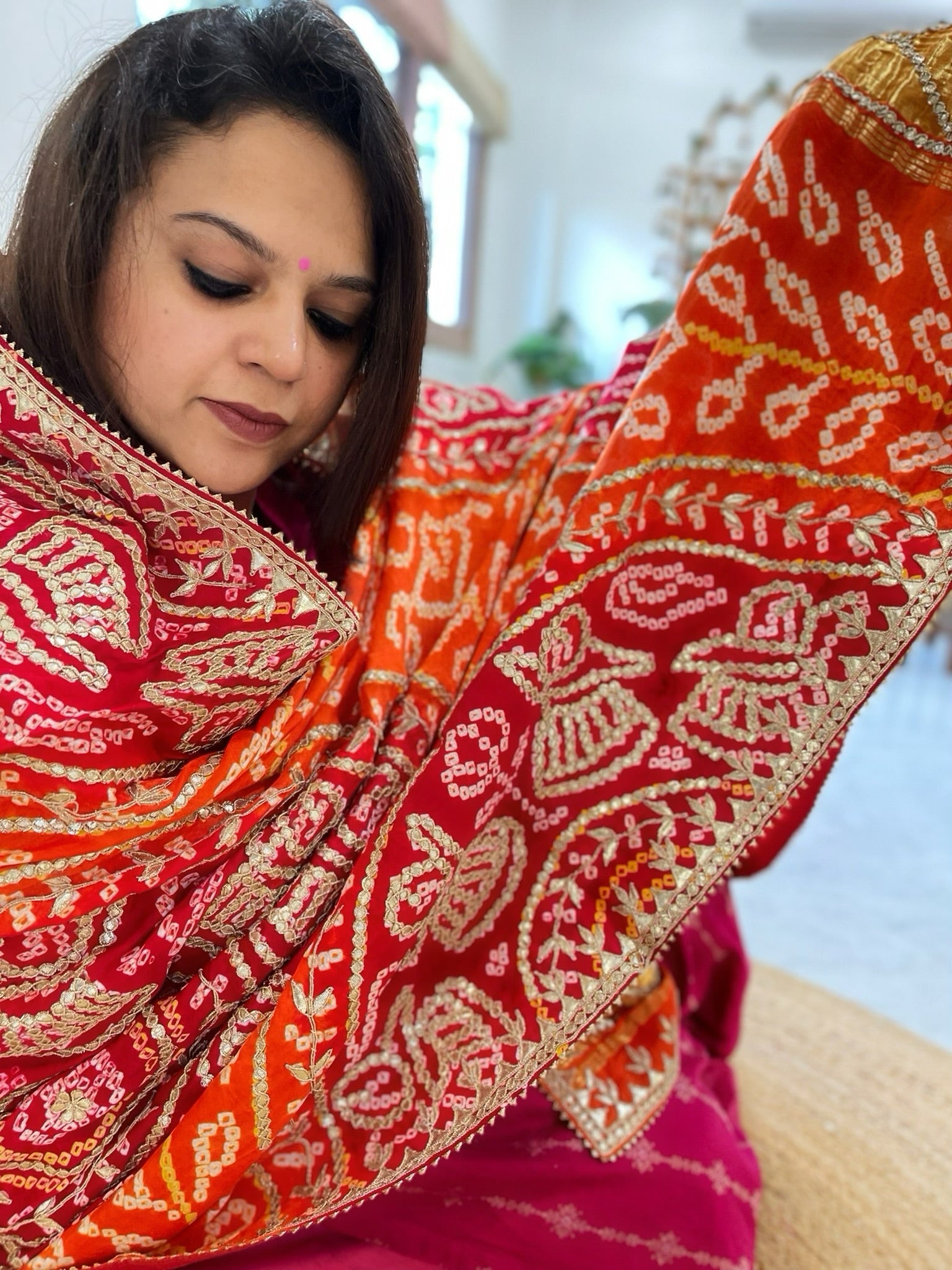 Orange, Red Bandhani Dupatta with Gotapatti Handwork in Pure Silk - Masakalee