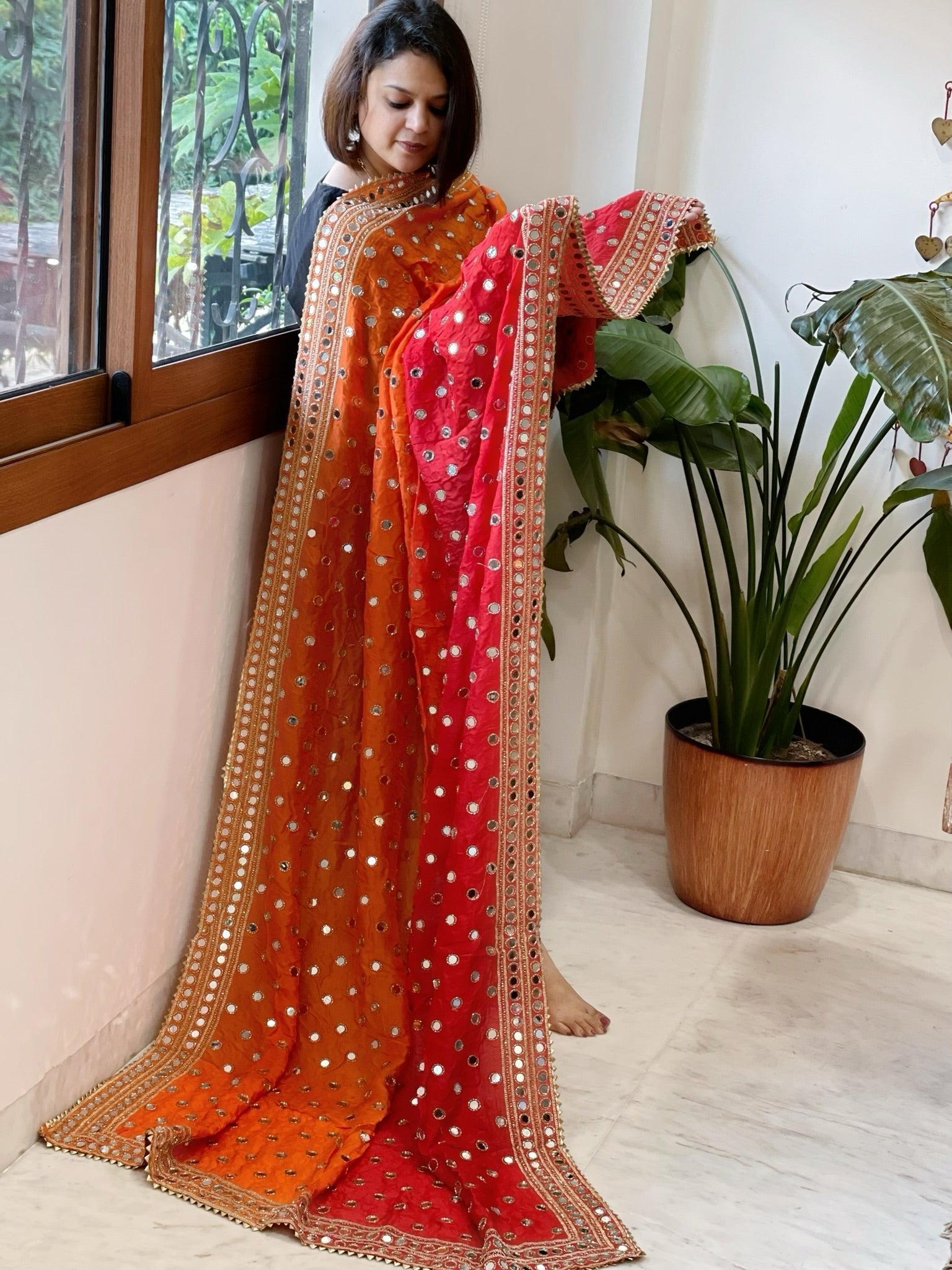 Orange, Red Crepe Dupatta with Mirror and Cut Daana Work with Gota Lace Border - Masakalee