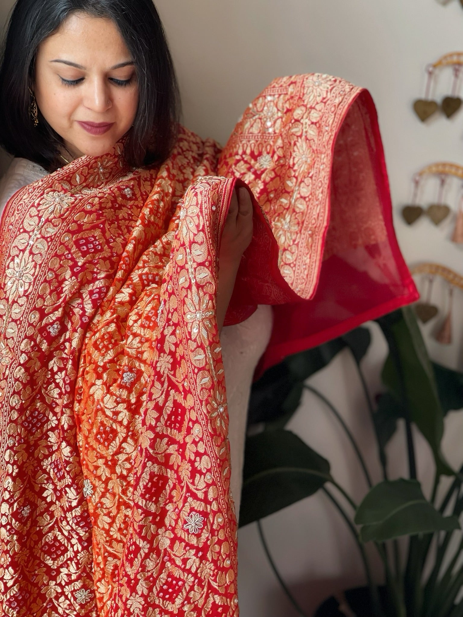Orange, Red Handwoven NeemZari Bareek Bandhani with Dabka Handwork in Pure Georgette - Masakalee