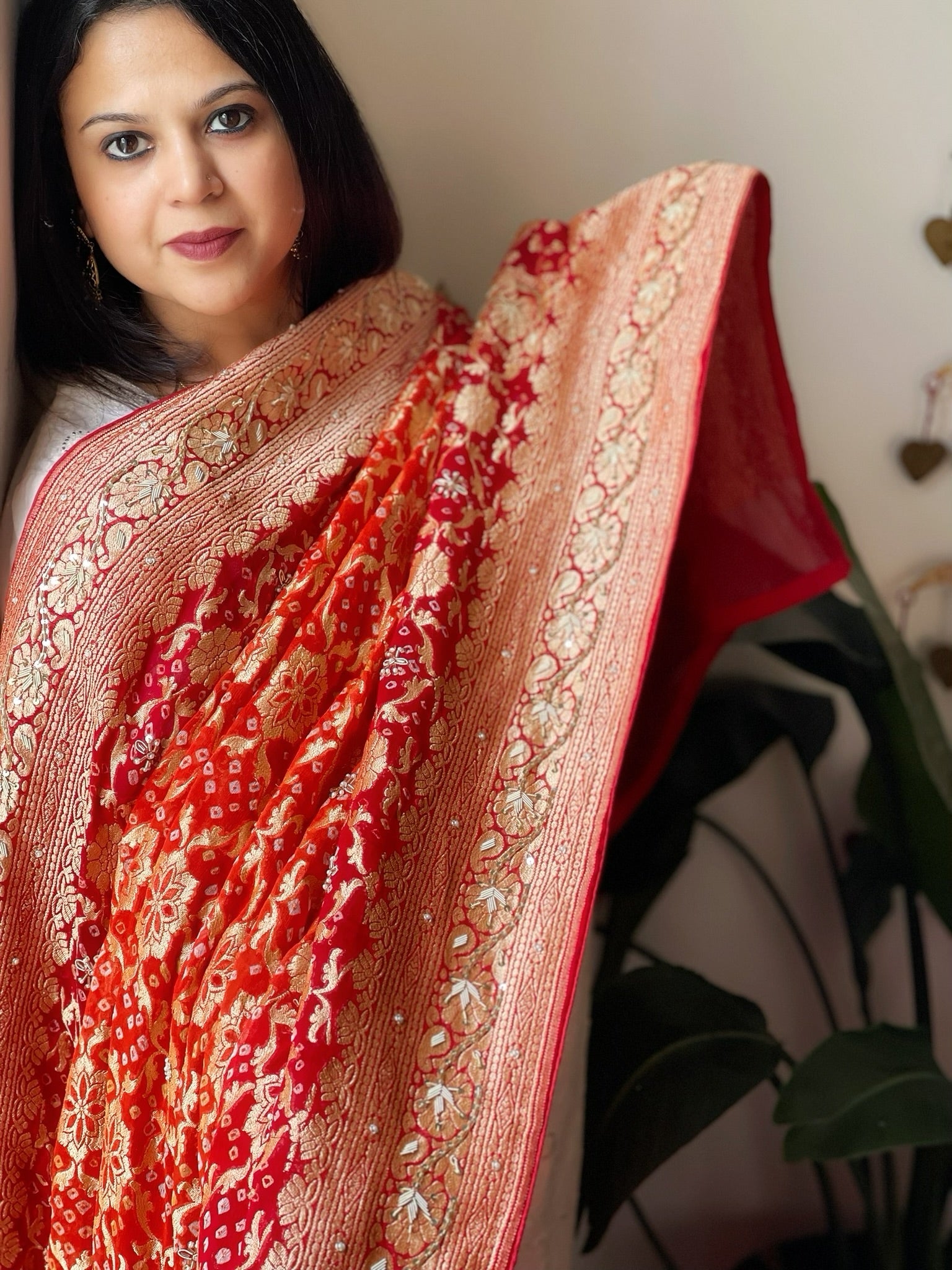 Orange, Red Handwoven NeemZari Bareek Bandhani with Dabka Handwork in Pure Georgette - Masakalee