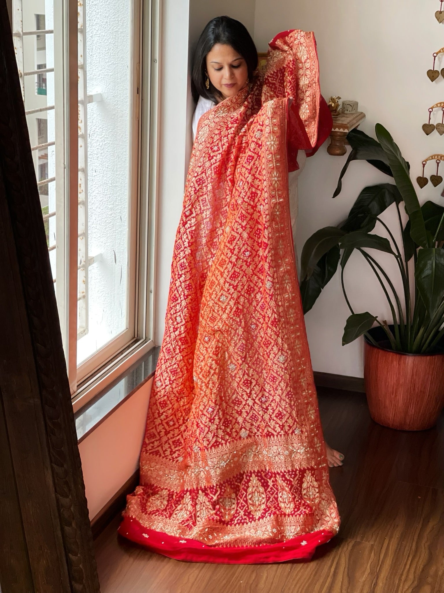 Orange, Red Handwoven NeemZari Bareek Bandhani with Dabka Handwork in Pure Georgette - Masakalee