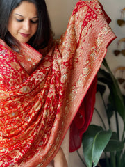 Orange, Red Handwoven NeemZari Bareek Bandhani with Dabka Handwork in Pure Georgette - Masakalee