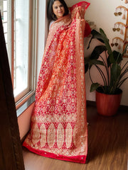 Orange, Red Handwoven NeemZari Bareek Bandhani with Dabka Handwork in Pure Georgette - Masakalee