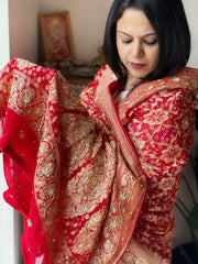 Orange, Red Handwoven NeemZari Bareek Bandhani with Dabka Handwork in Pure Georgette - Masakalee