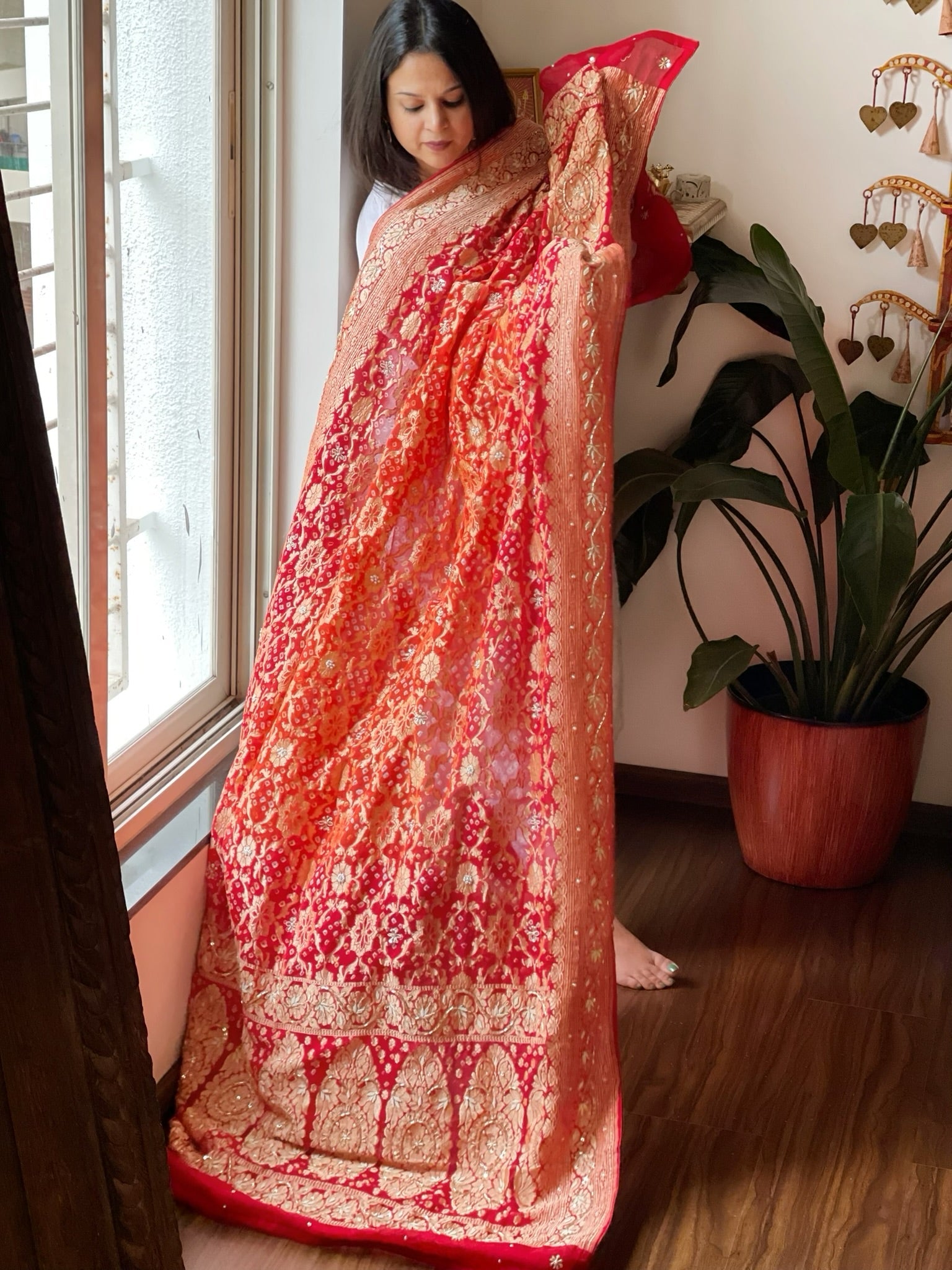 Orange, Red Handwoven NeemZari Bareek Bandhani with Dabka Handwork in Pure Georgette - Masakalee