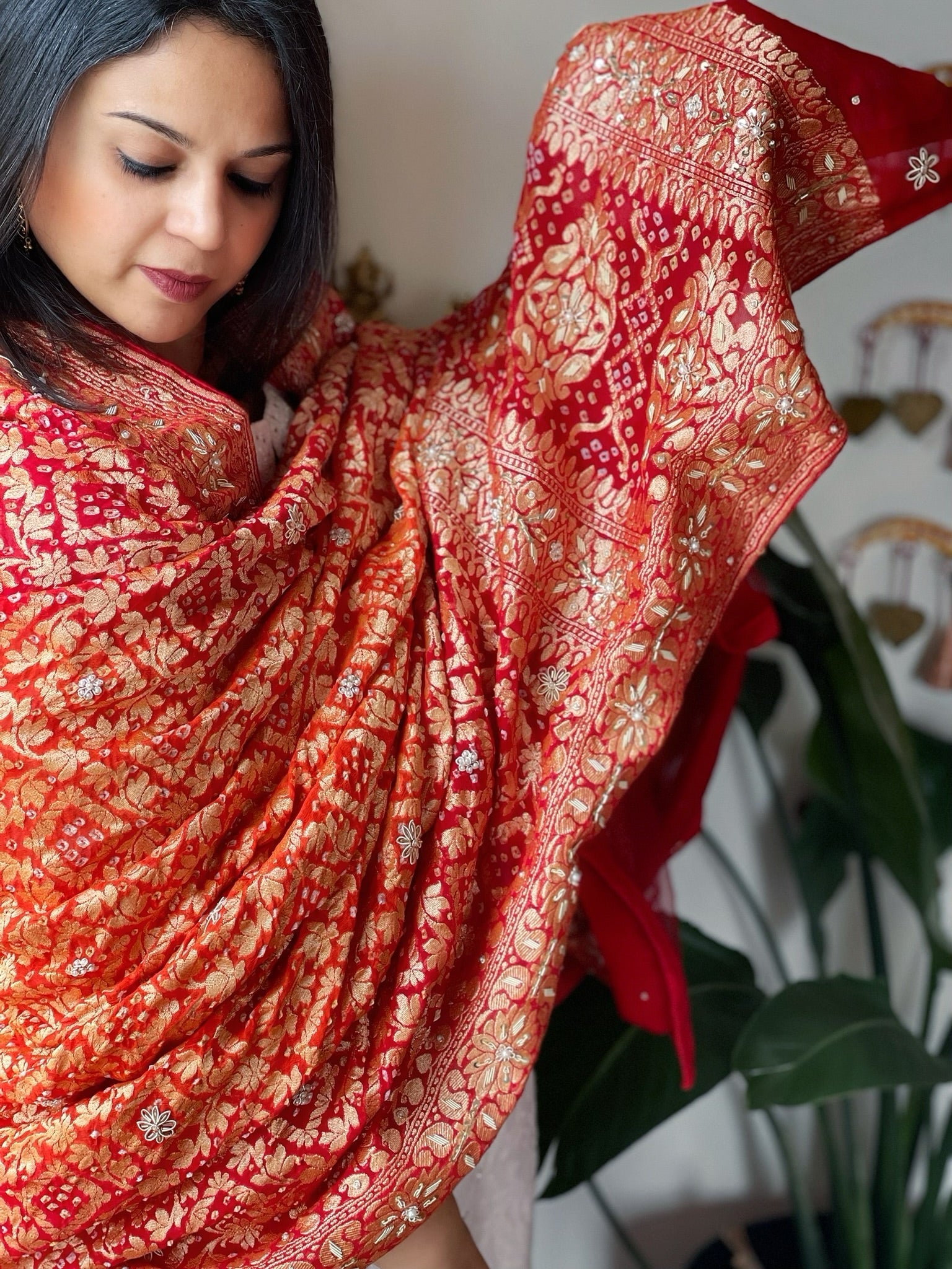 Orange, Red Handwoven NeemZari Bareek Bandhani with Dabka Handwork in Pure Georgette - Masakalee