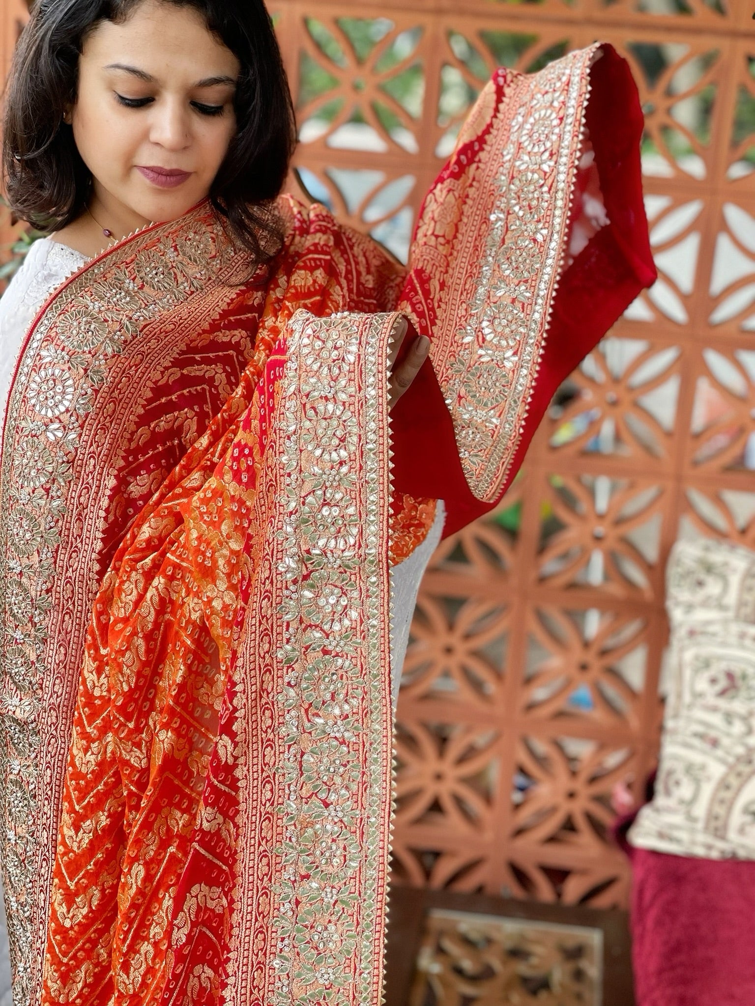 Orange, Red Handwoven NeemZari Bareek Bandhani with Gotapatti Handwork in Pure Georgette - Masakalee